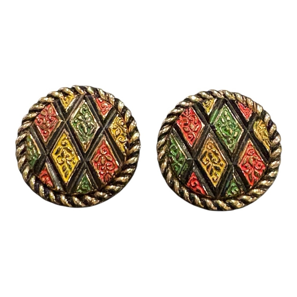 Sarah Coventry VTG 1970’s Round Multicolor Mosaic Gold Tone Clip On Earrings JB5